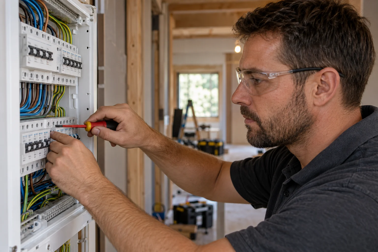 Electrician working on a switchboard during a home renovation