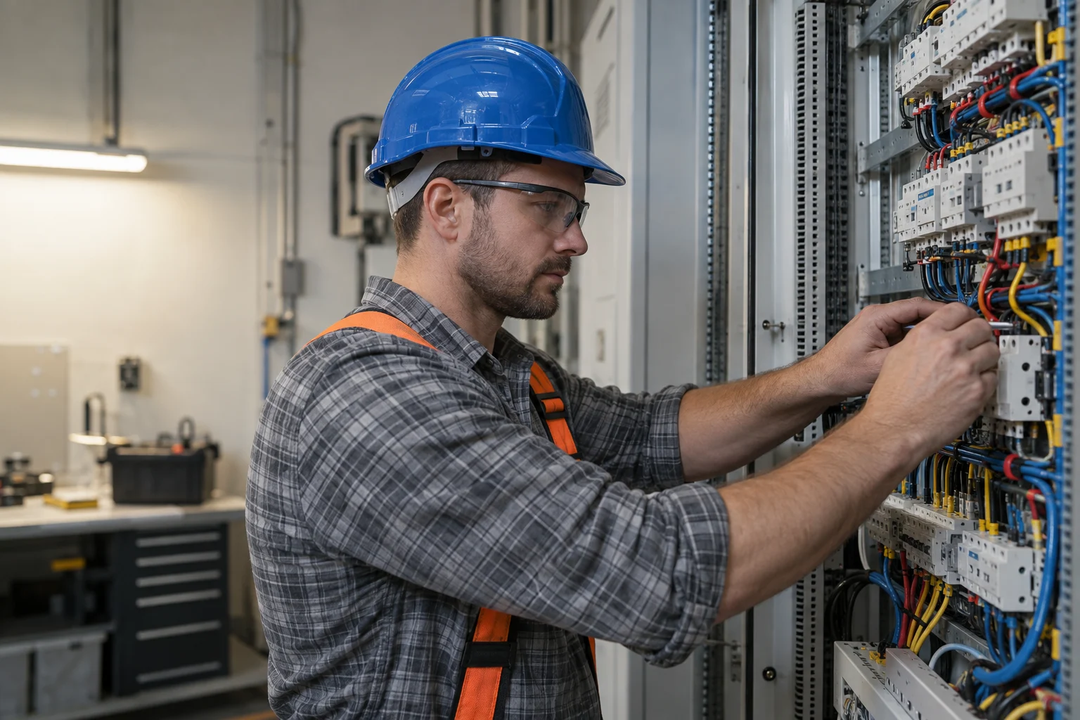 Electrician checking wiring in an industrial control panel