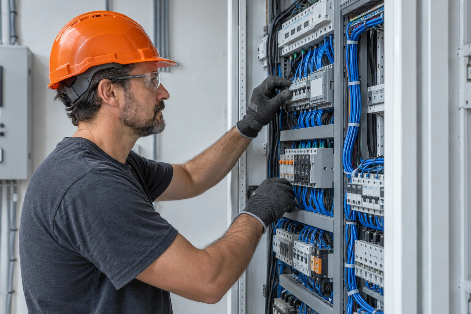 Electrician carefully checking the connections inside a control panel