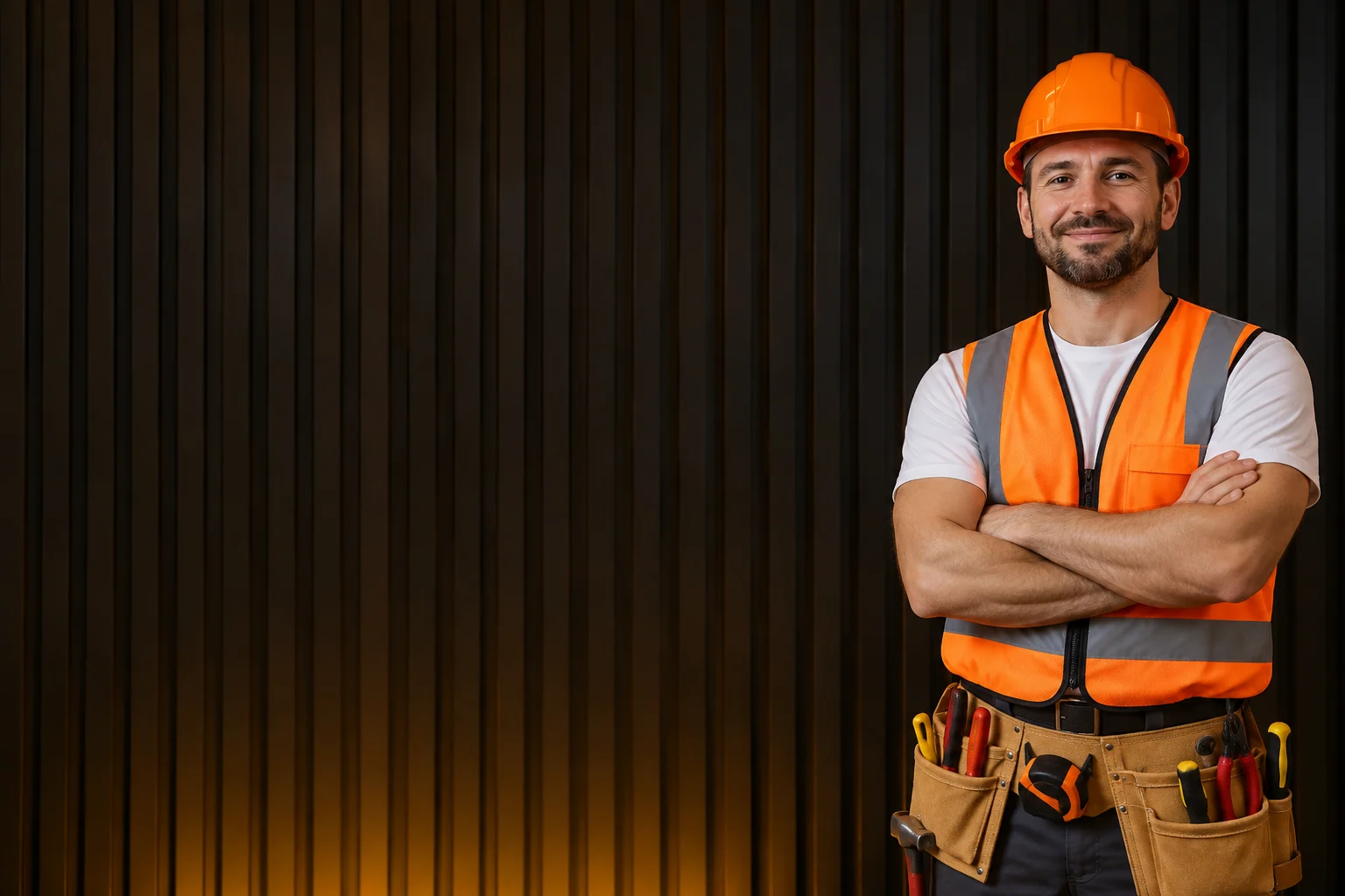 Friendly electrician in an orange safety helmet and vest