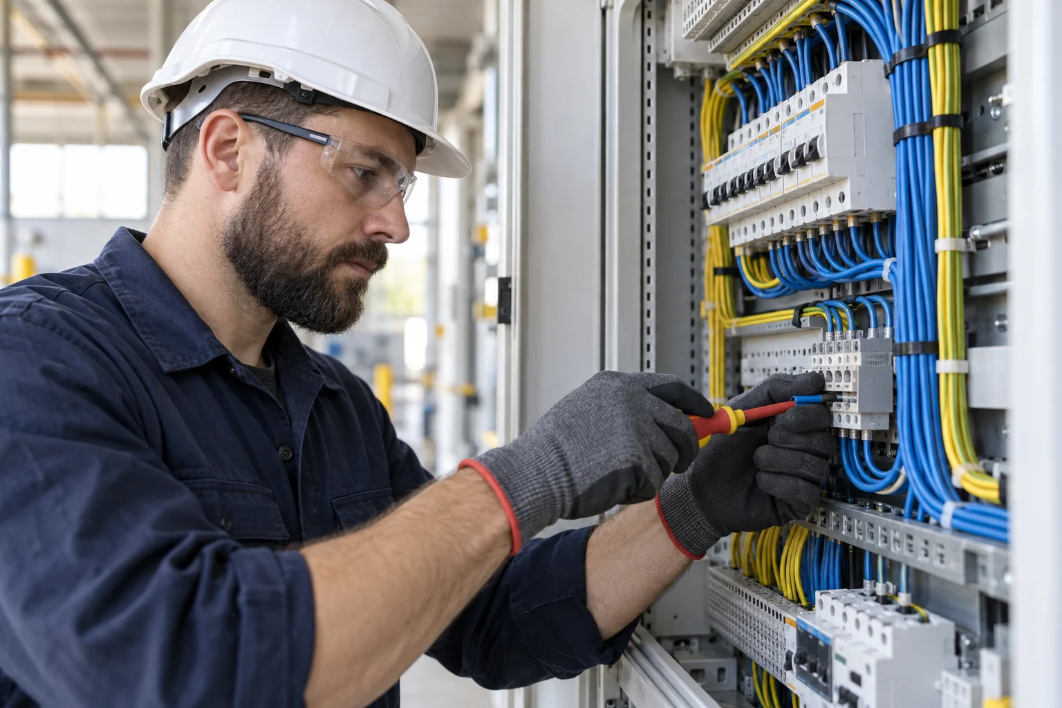 Electrician preparing neatly arranged wiring in a distribution cabinet