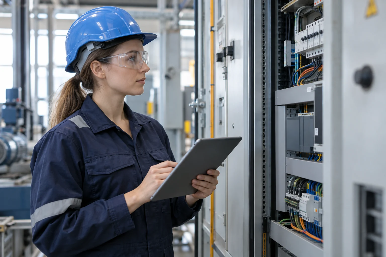 Woman electrician using a tablet beside an electrical control cabinet