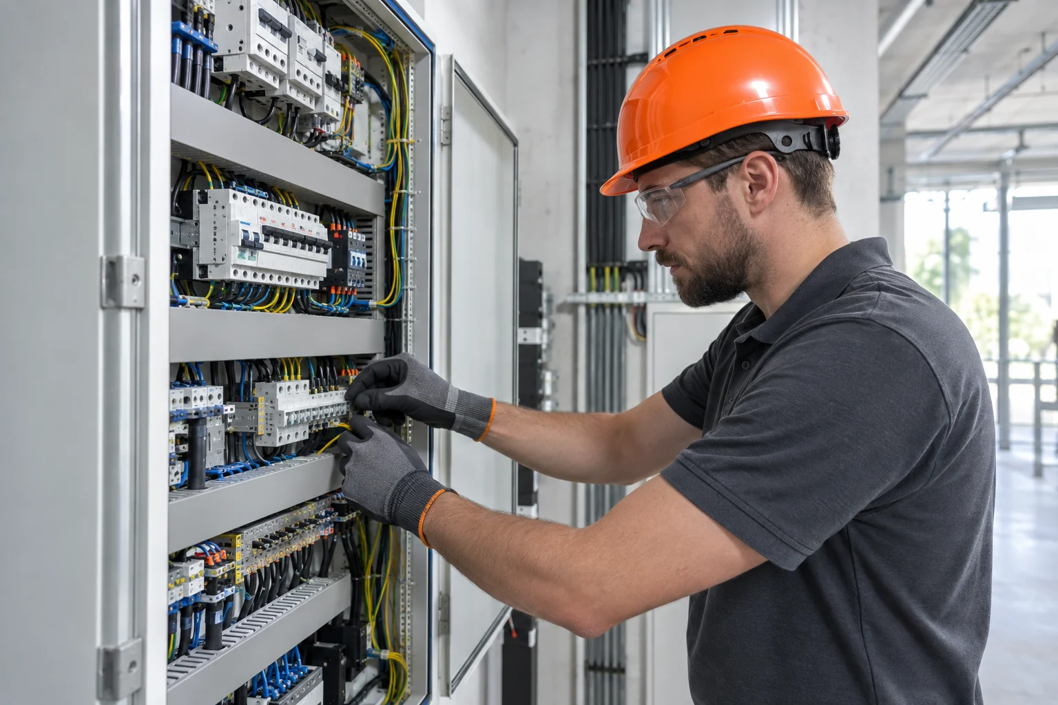Electrician in an orange hard hat examining a distribution cabinet