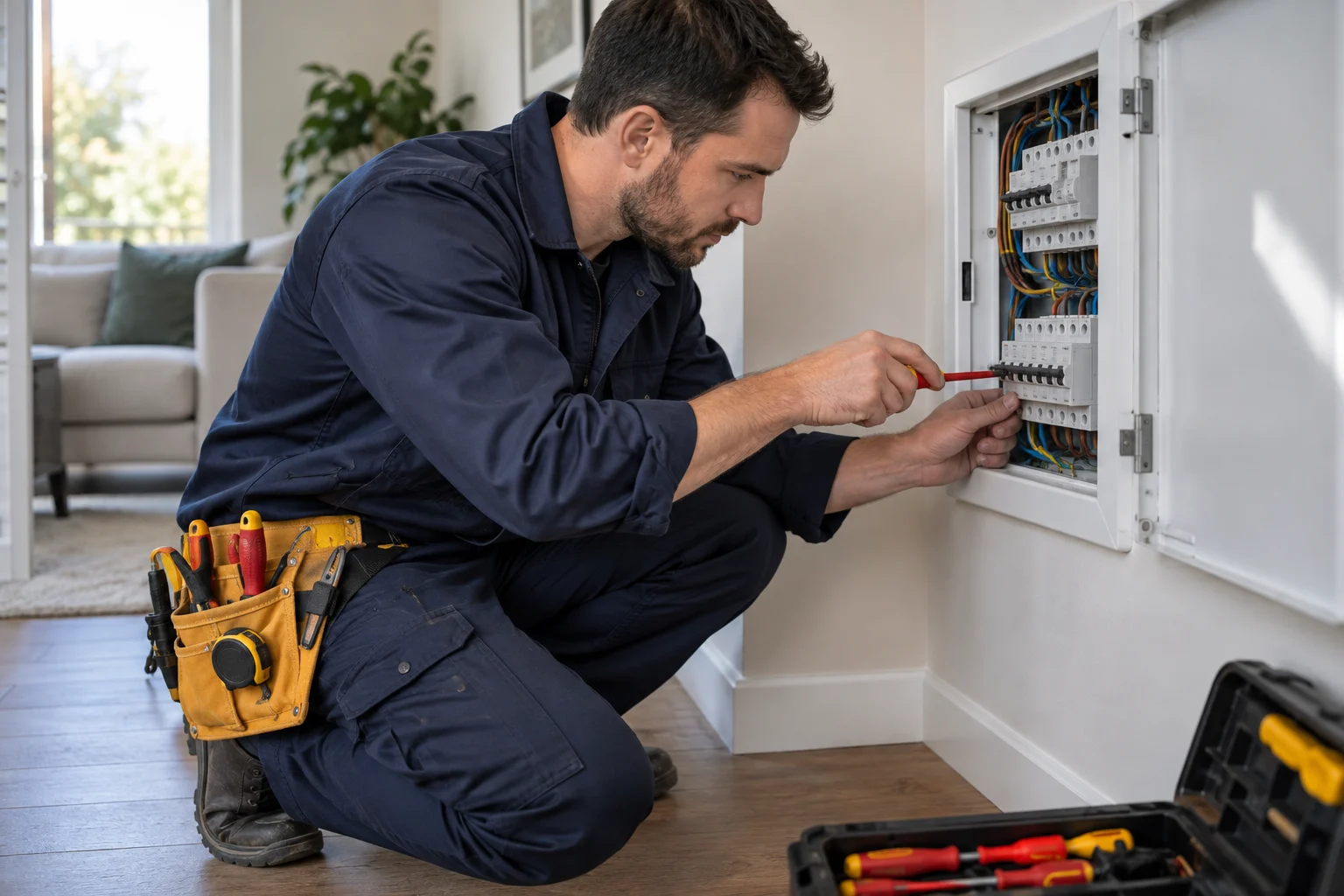 Electrician checking a domestic electrical panel with insulated tools