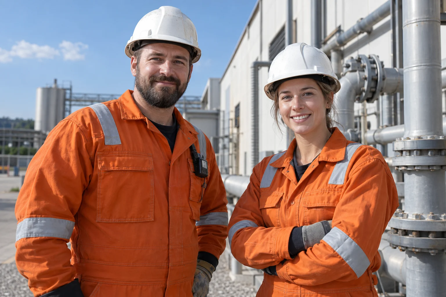 Two electricians in orange workwear outside an industrial building
