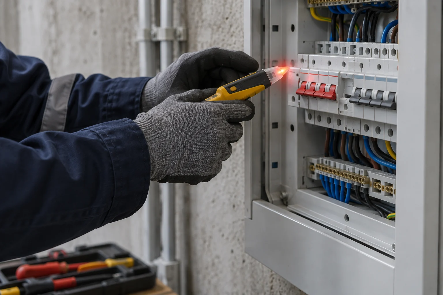 Gloved electrician holding a tester near electrical distribution switches